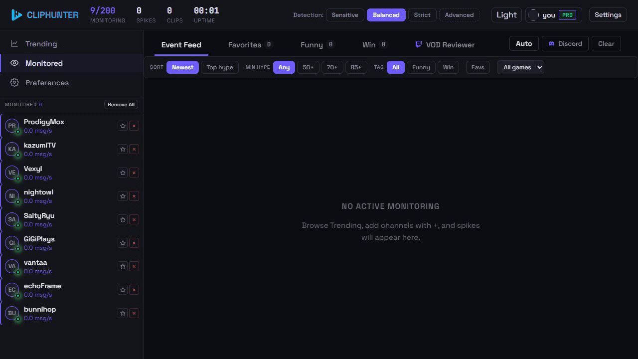 ClipHunter dashboard detecting a chat spike across live Twitch streams and auto-creating a hype-scored clip